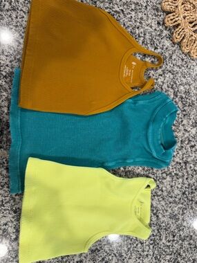Set of 3 Ribbed Tank Tops - Mustard, Teal, Neon Yellow